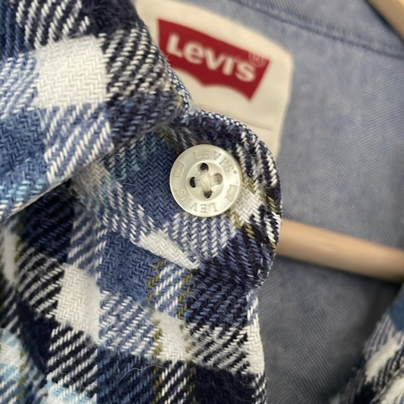 Levi’s Flannel Vintage & Western Style Gingham Blue & White Shirt Men’s SM Slim - Picture 4 of 17